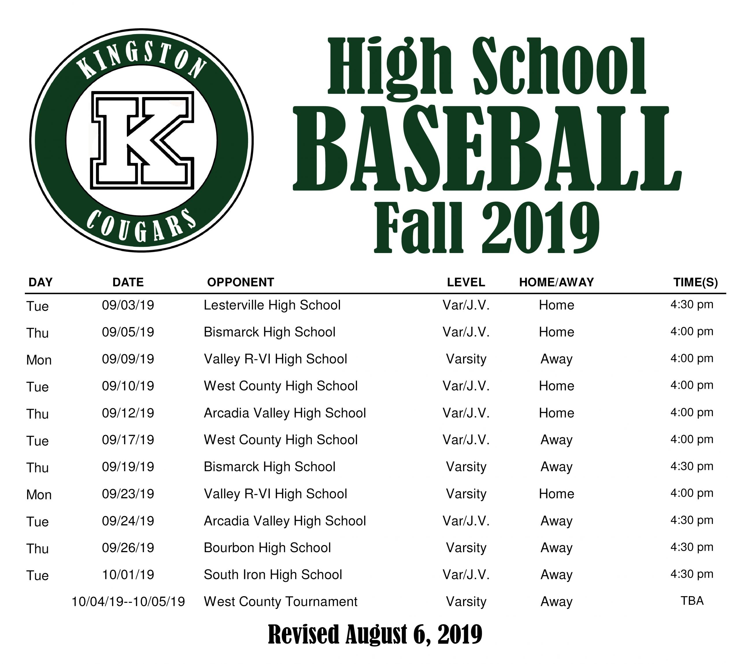 baseball schedule - Kingston K-14