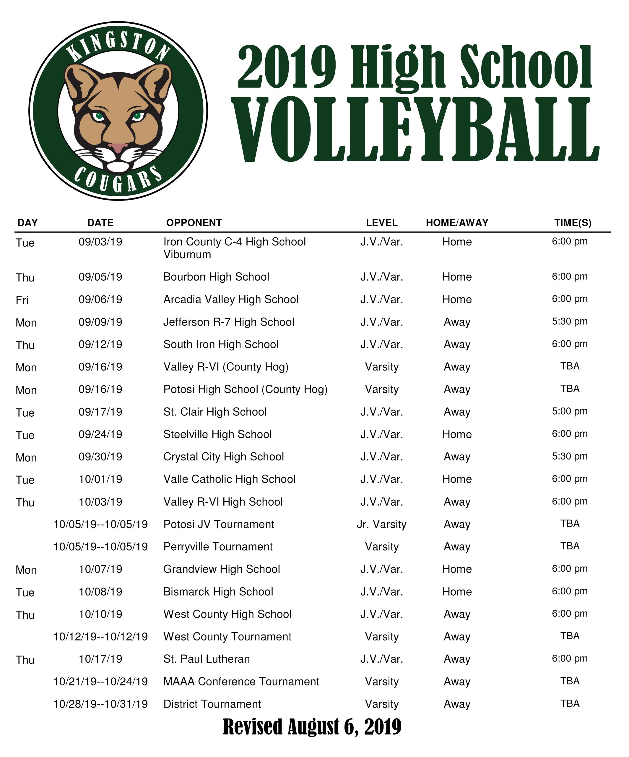 volleyball schedule - Kingston K-14